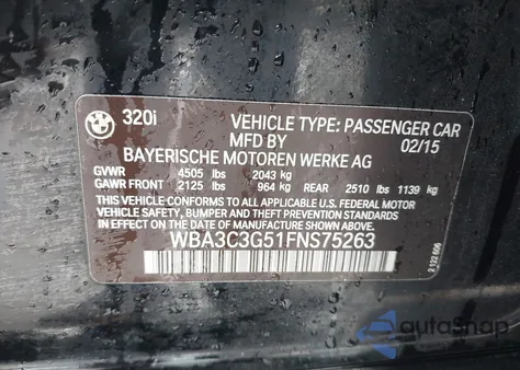 2015 BMW 320I xDrive from USA, damaged, VIN WBA3C3G51FNS75263